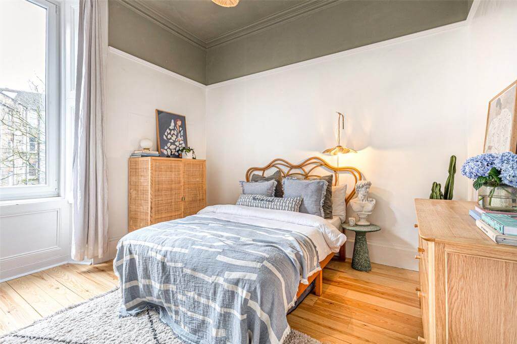 Kate Spiers Sells Her Beautiful Light Flat in Glasgow 20 bedroom-rattan-headboard-green-painted-ceiling-nordroom