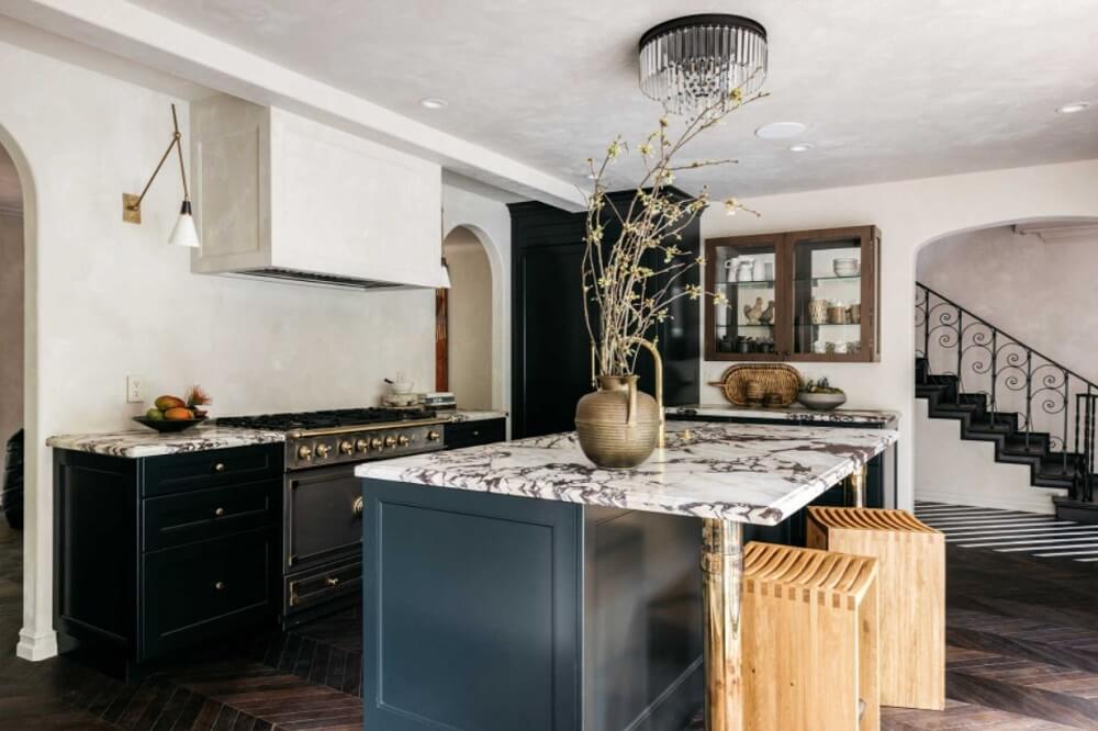 A Beautiful Tudor House in Los Feliz 7 dark-blue-kitchen-calacatta-viola-marble-worktop-tudor-house-nordroom