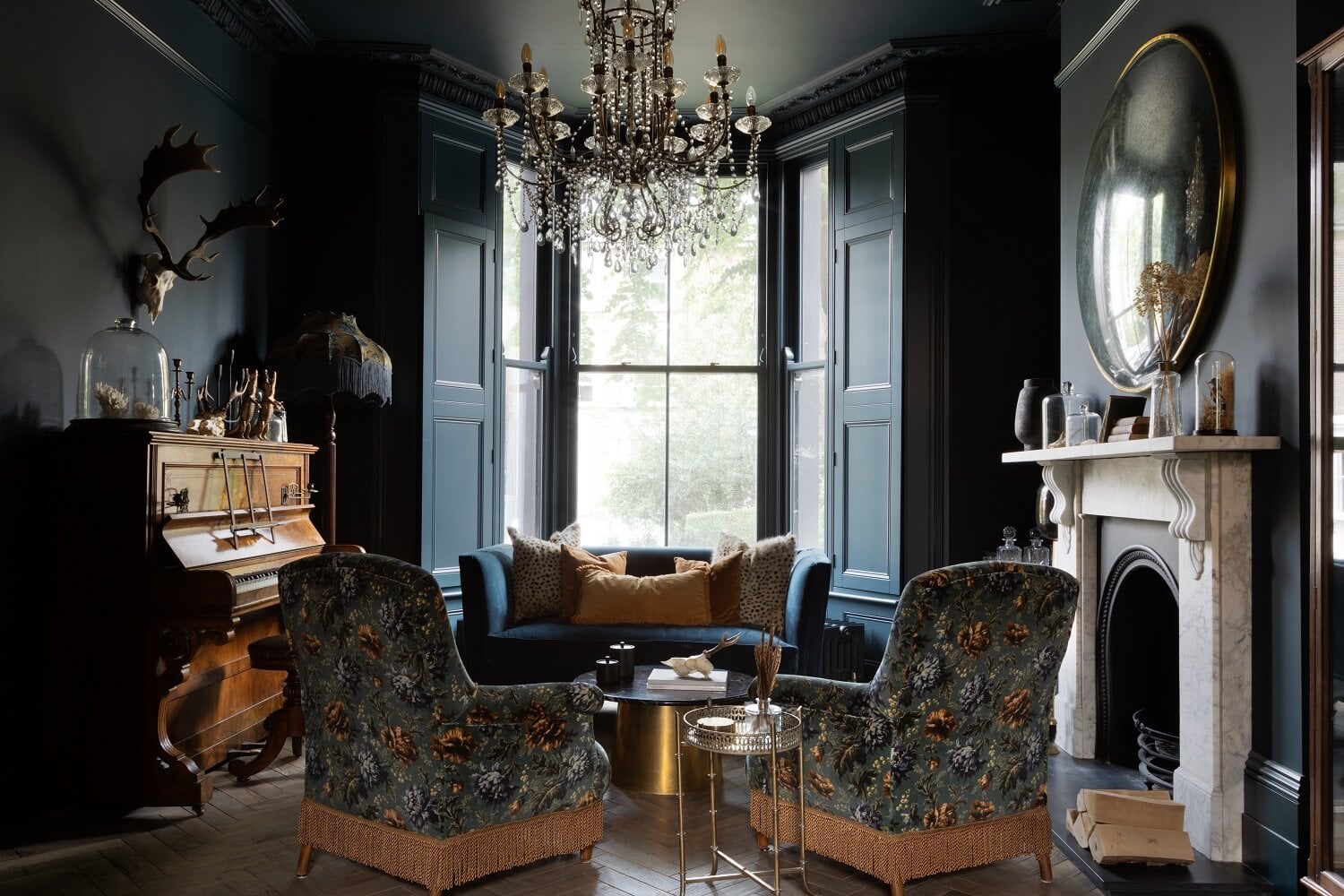 Contrasting Styles in a Victorian Home in London 5 dark-blue-sitting-room-fireplace-antique-furnishings-victorian-home-london-frank-and-faber-nordroom