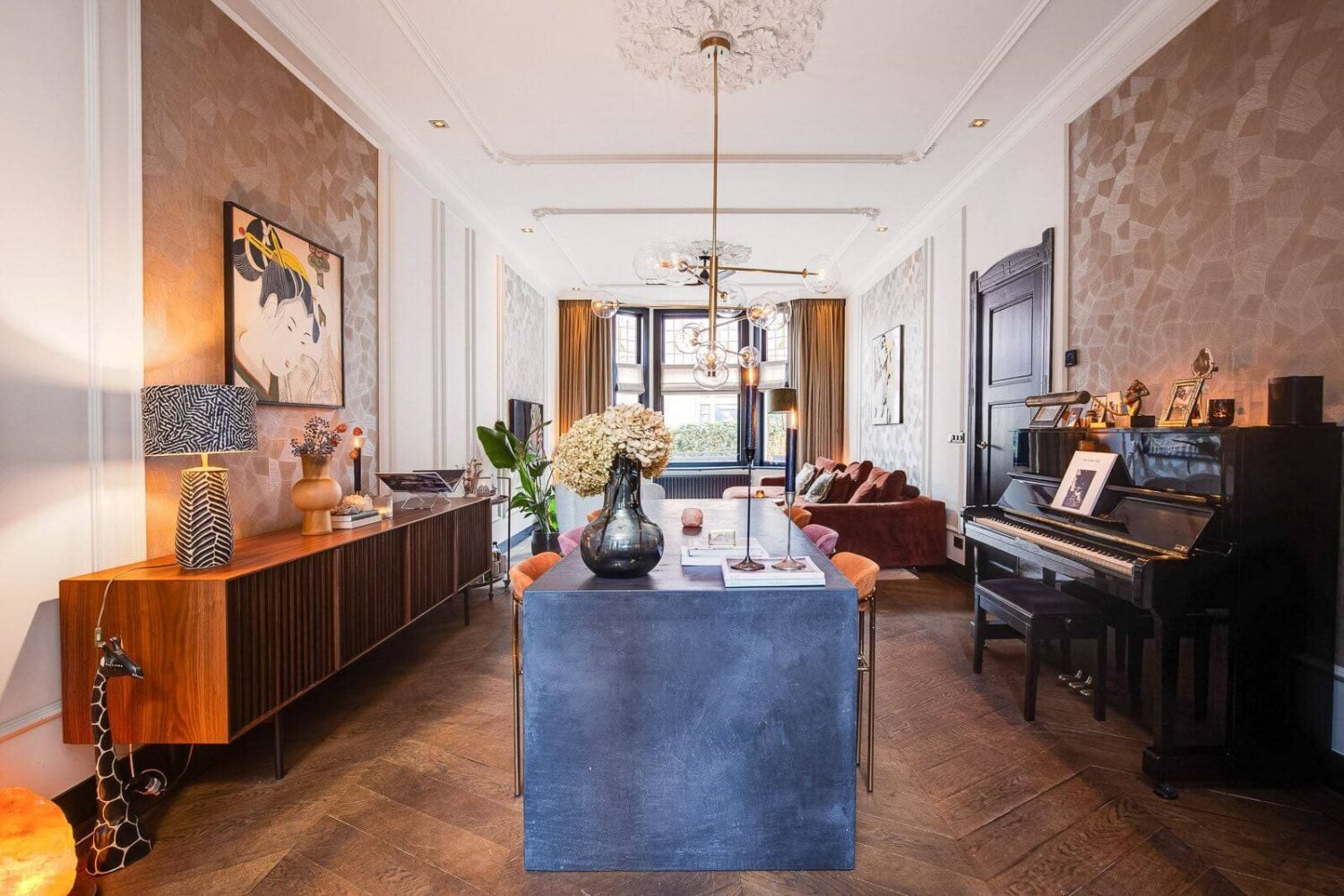 A Dutch Family Home with Warm Color Accents 1 dutch-family-home-wooden-floor-wallpaper-piano-living-space-nordroom