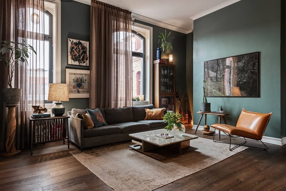 A Moody Family Home in Sweden 2 green-scandinavian-living-room-nordroom