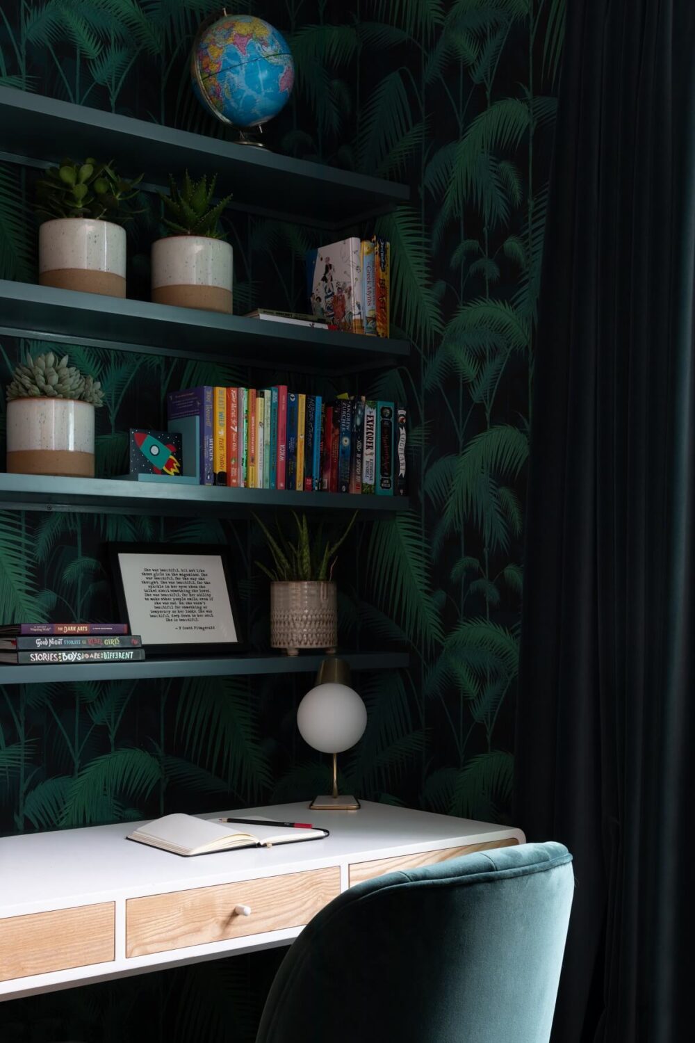 A Victorian Home in London with Bold Color Accents 21 home-office-green-wallpaper-green-shelves-london-townhouse-frank-and-faber-nordroom