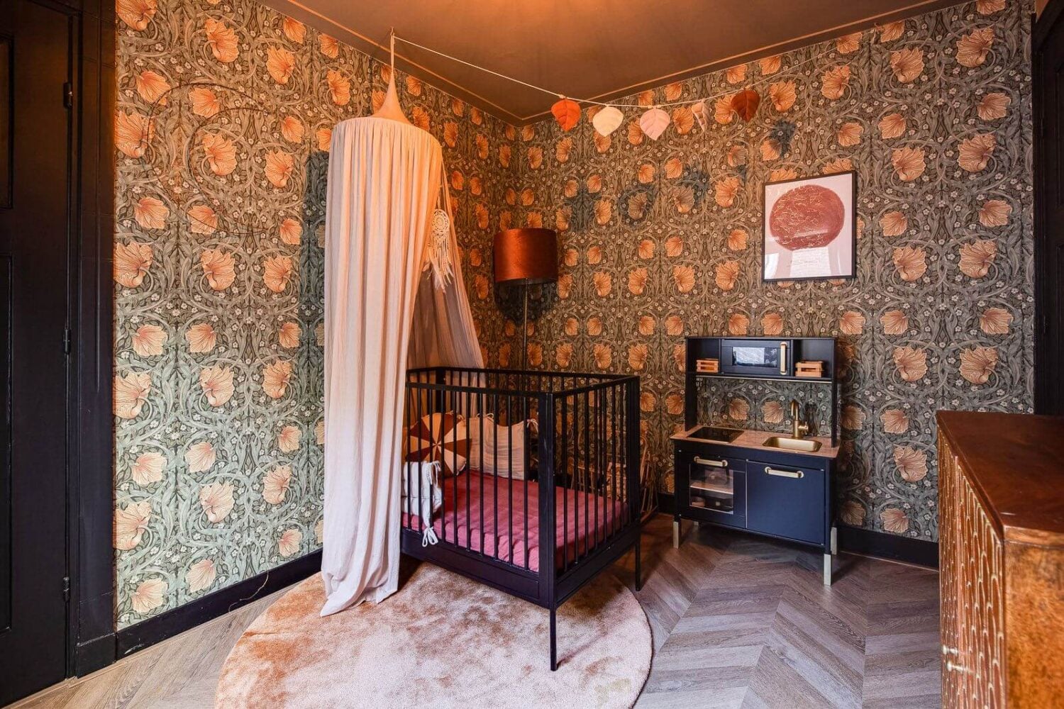 A Dutch Family Home with Warm Color Accents 23 kids-bedroom-william-morris-wallpaper-nordroom