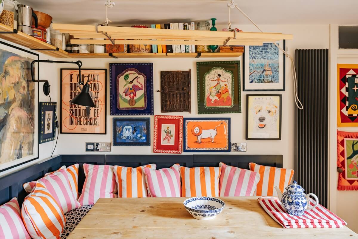A Playful Maximalist Home in London 8 kitchen-bench-gallery-wall-art-maximalist-decor-nordroom