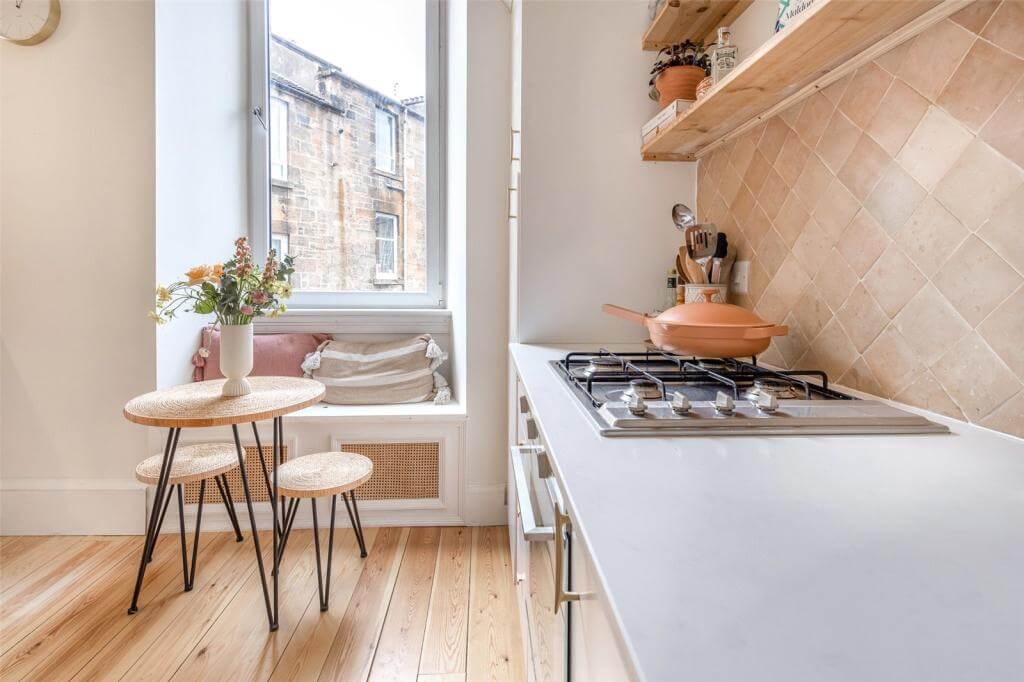 Kate Spiers Sells Her Beautiful Light Flat in Glasgow 8 kitchen-earthy-wall-tiles-window-seat-kate-spiers-glasgow-flat-nordroom