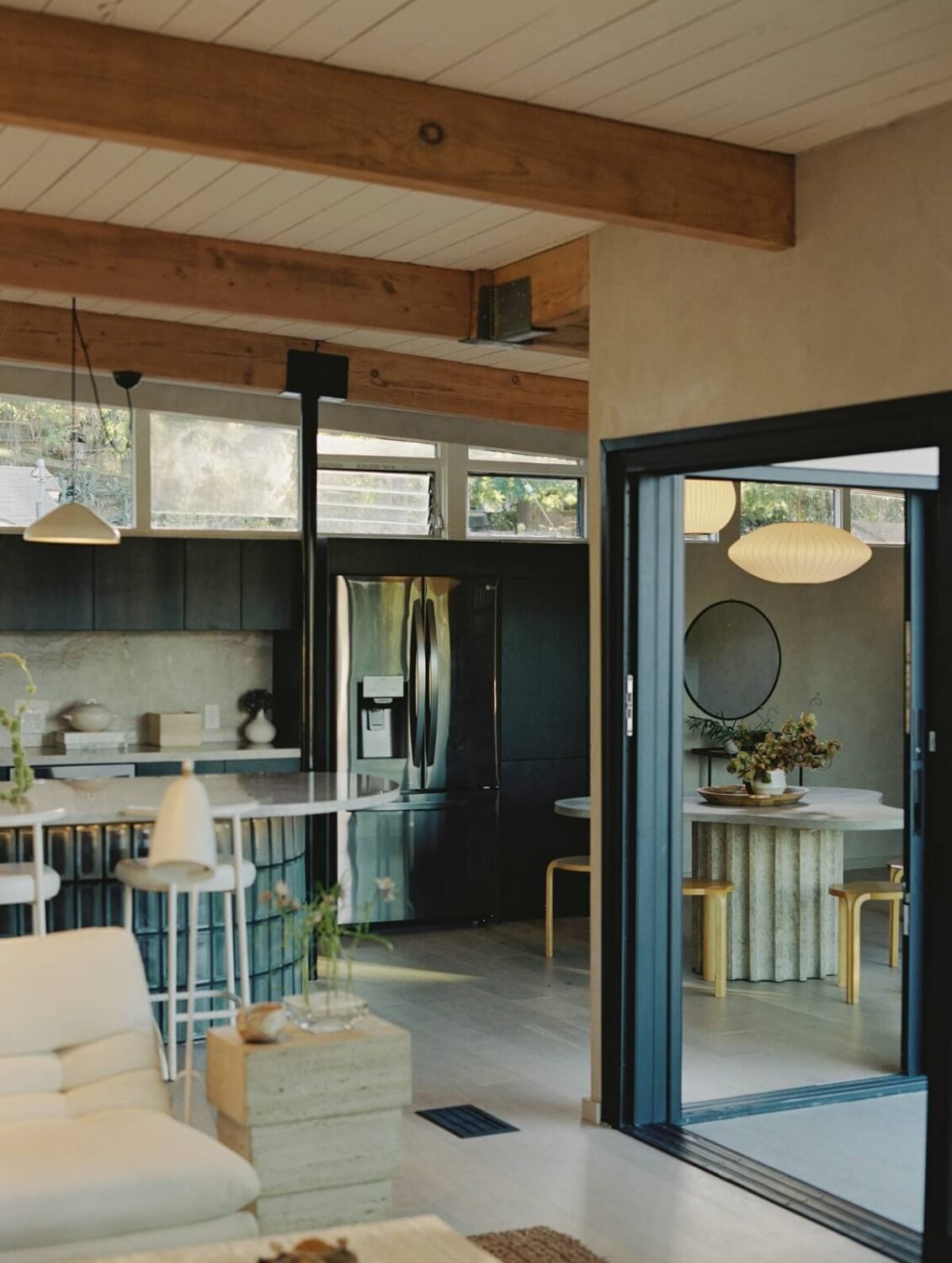 Japandi Design in a Midcentury Home in Los Angeles 1 kitchen-living-room-wooden-beams-los-angeles-nordroom