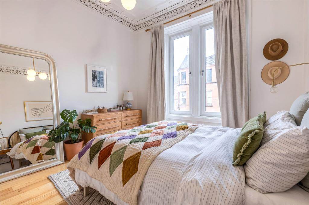 Kate Spiers Sells Her Beautiful Light Flat in Glasgow 12 light-master-bedroom-large-mirror-period-details-wooden-floor-nordroom