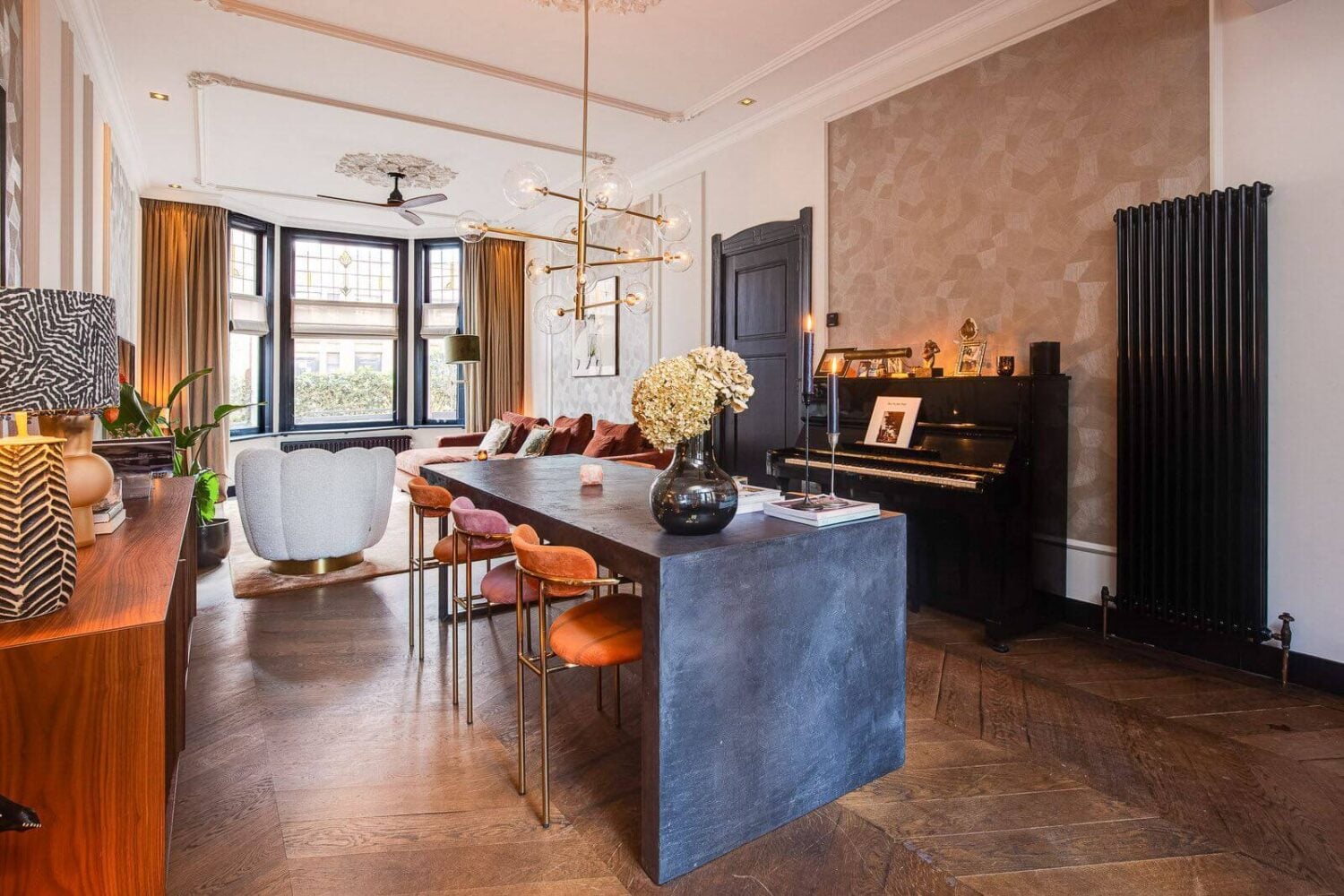 A Dutch Family Home with Warm Color Accents 3 living-room-piano-wooden-floor-dining-table-nordroom