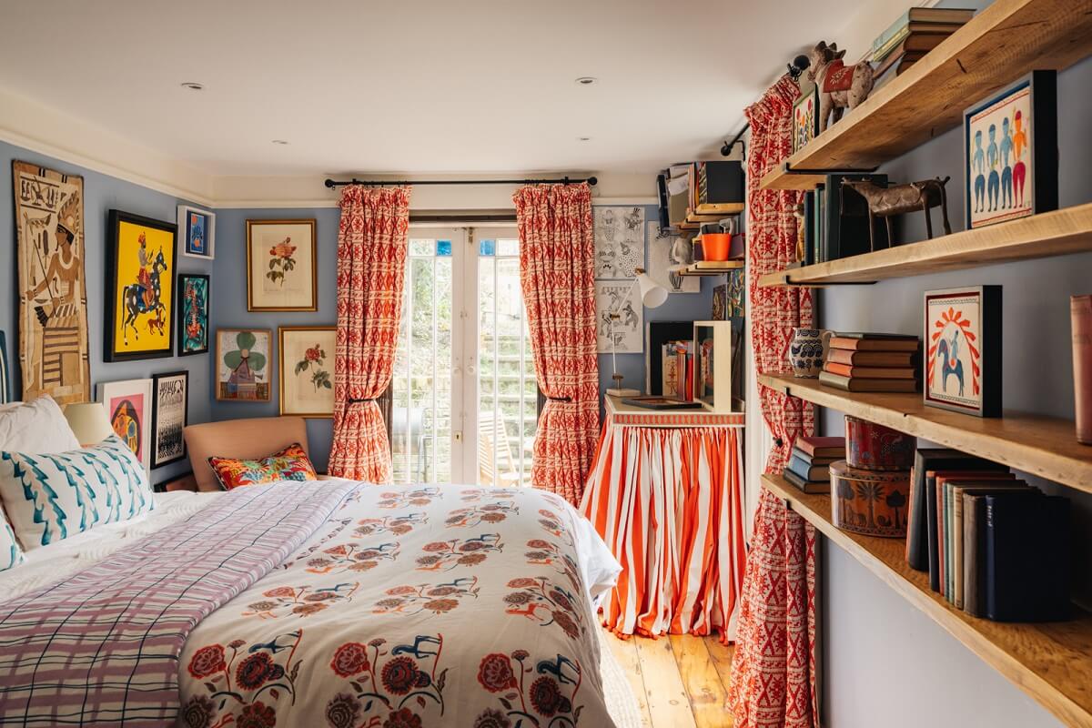 A Playful Maximalist Home in London 11 lulworth-blue-farrow-ball-bedroom-shelves-maximalist-decor-nordroom