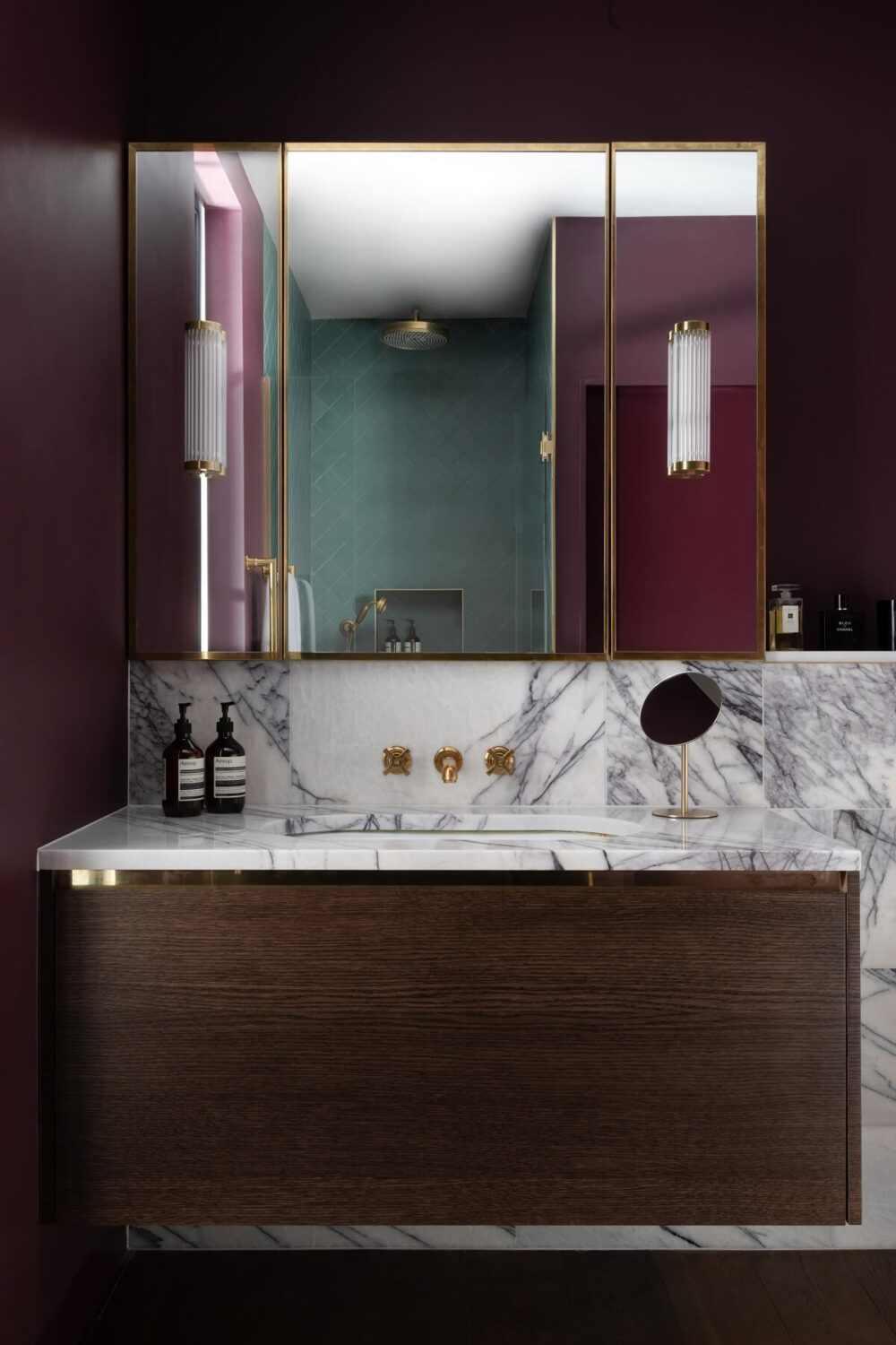A Victorian Home in London with Bold Color Accents 19 marble-wood-bathroom-vanity-burgundy-walls-victorian-home-frank-and-faber-nordroom