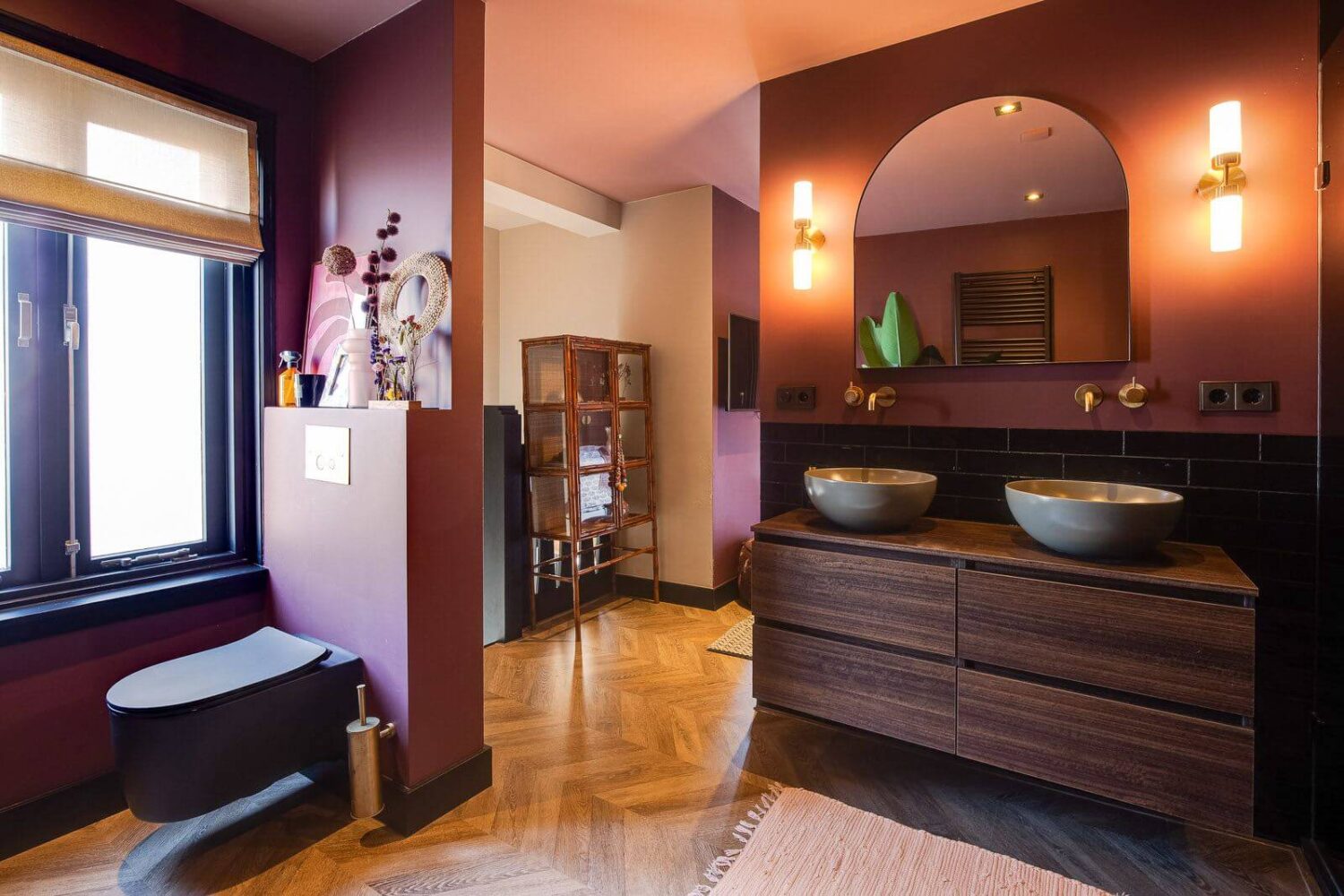 89 Pink Bathroom Ideas: From Hot Pink Walls to Blush Tiles 8 master-bathroom-black-toilet-warm-terracotta-walls-nordroom