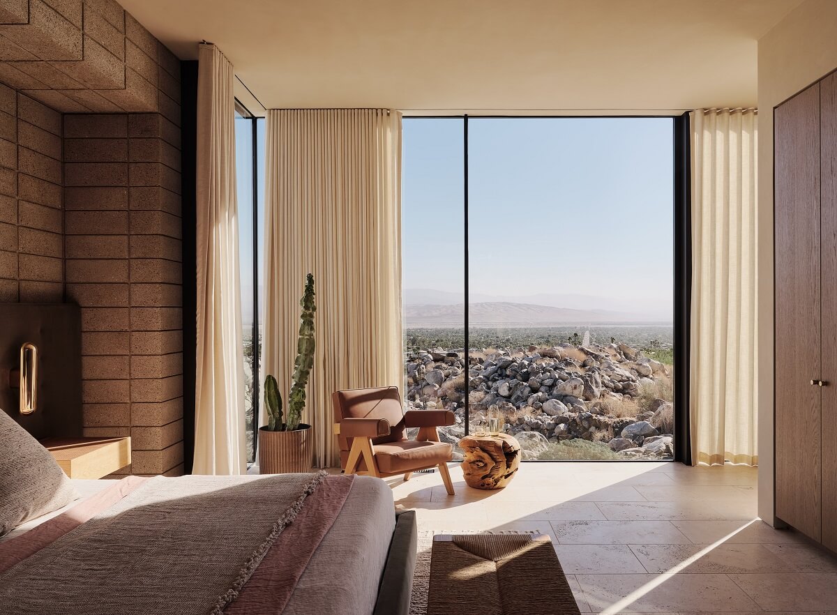 A Modern Architectural Home in Palm Springs 6 modern-bedroom-floor-to-ceilings-windows-palm-springs-nordroom