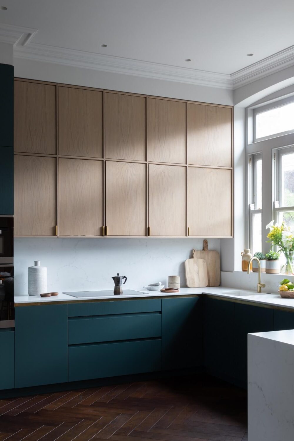 57 Stylish Two-Tone Kitchen Cabinet Ideas 6 modern-kitchen-blue-cabinets-wooden-upper-cabinets-london-townhouse-nordrom