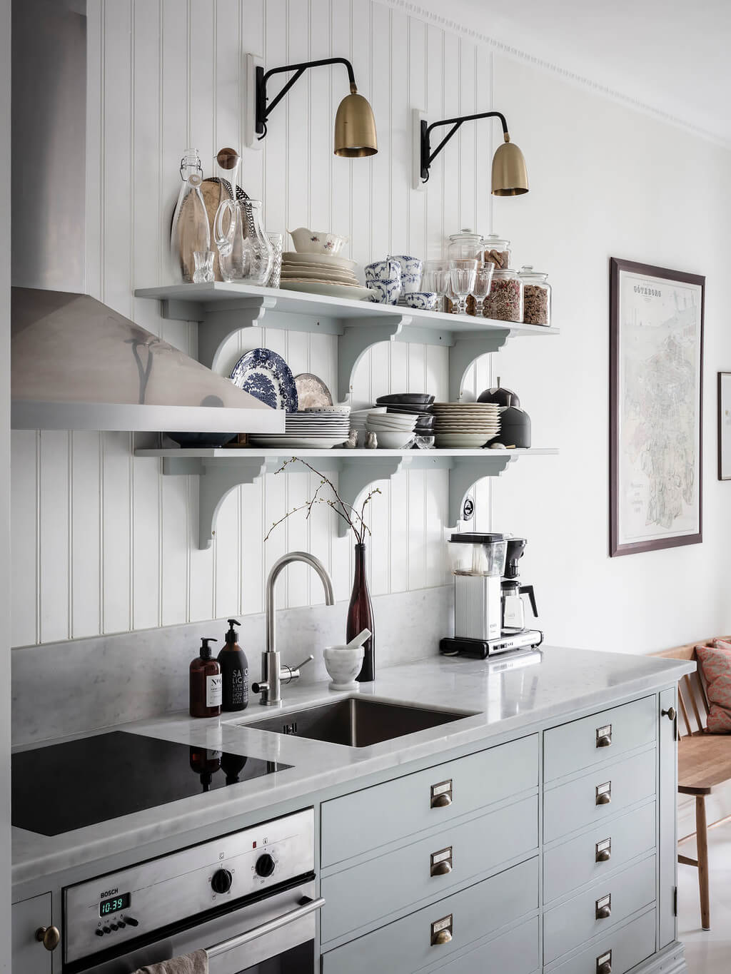 A Bright Nordic Home with Small (but Smartly Designed) Bedrooms 2 open-shelvs-pendants-kitchen-nordroom