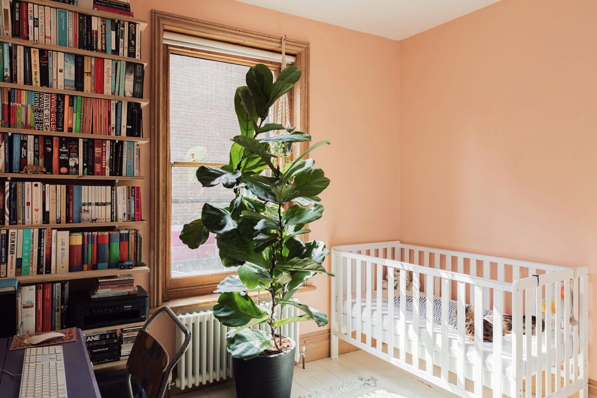 Colorful Rooms in an Edwardian Apartment in London 12 pink-baby-room-home-office-bookshelves-nordroom