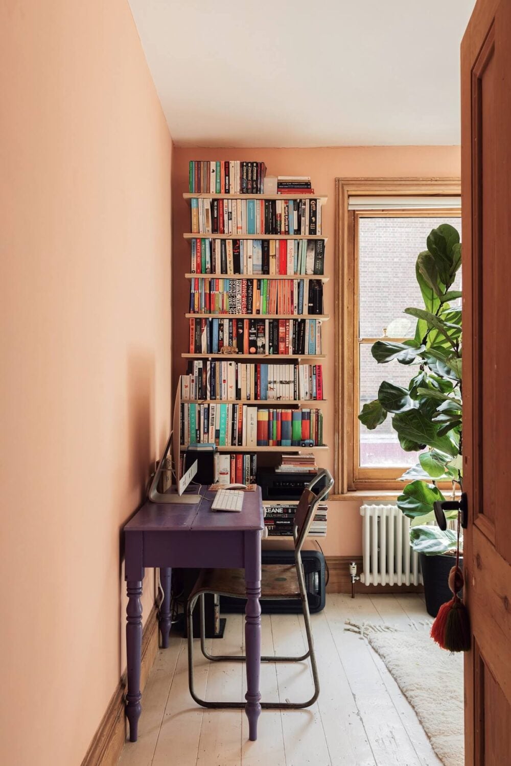 Colorful Rooms in an Edwardian Apartment in London 11 pink-study-purple-desk-bookshelves-edwardian-london-apartment-nordroom