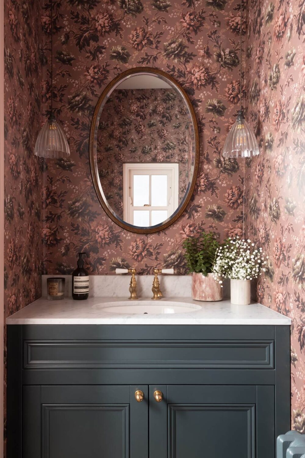 89 Pink Bathroom Ideas: From Hot Pink Walls to Blush Tiles 15 powder-room-house-of-hackney-opia-old-rose-wallpaper-oval-mirror-victorian-home-london-frank-and-faber-nordroom