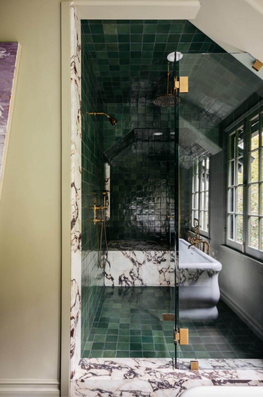Best of 2022: Bathrooms 12 shower-slanted-ceiling-dark-green-tiles-tudor-house-nordroom