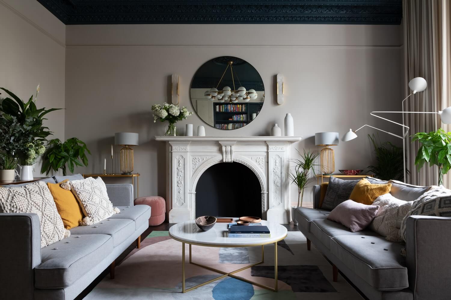 A Victorian Home in London with Bold Color Accents 2 sitting-room-dark-blue-ceiling-original-fireplace-muted-colors-victorian-home-london-nordroom