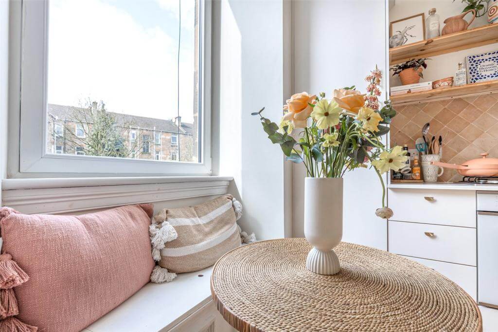 Kate Spiers Sells Her Beautiful Light Flat in Glasgow 9 window-seat-white-kitchen-open-shelves-kate-spiers-nordroom