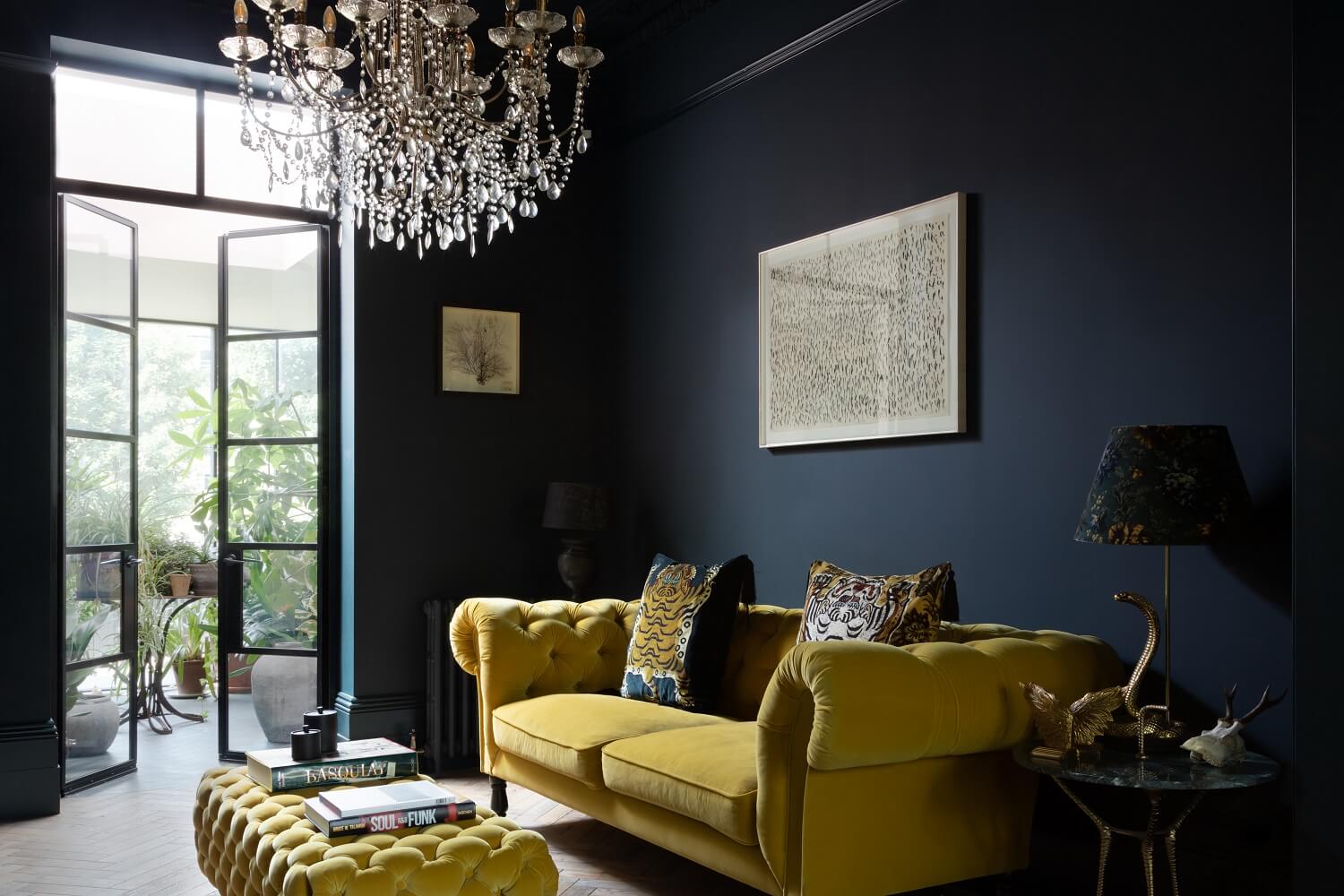 Contrasting Styles in a Victorian Home in London 2 yellow-sofa-dark-blue-sitting-room-victorian-home-london-frank-and-faber-nordroom
