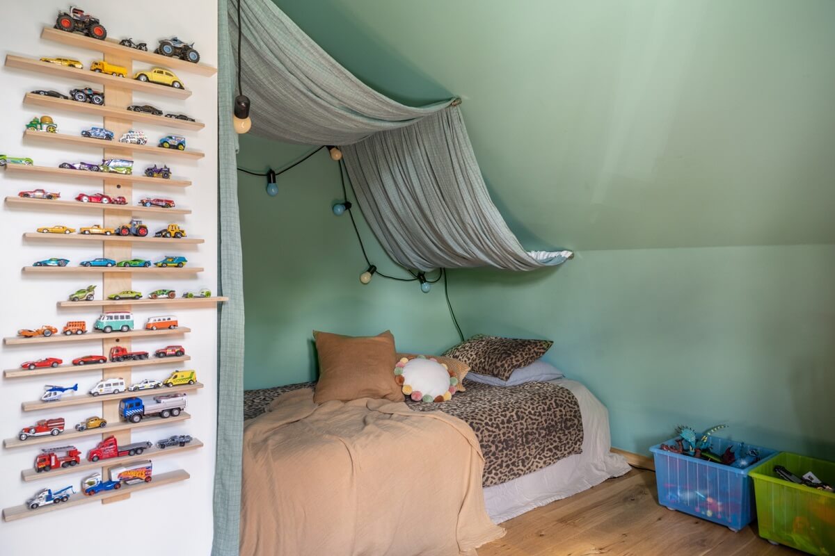 A Colorful Family Home in a Former School Building 36 attic-kids-bedroom-bed-nook-green-walls-nordroom