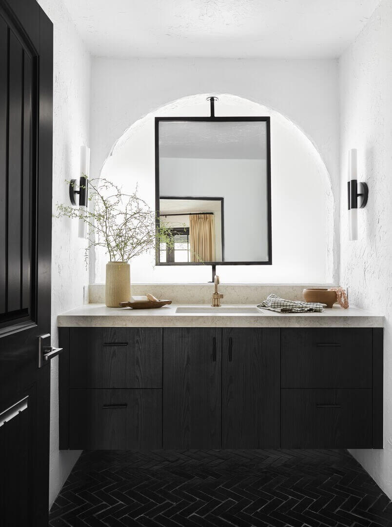 Queer Eye's Bobby Berk Designed An Airbnb Villa in California 7 bathroom-black-floor-tiles-black-cabinets-nordroom
