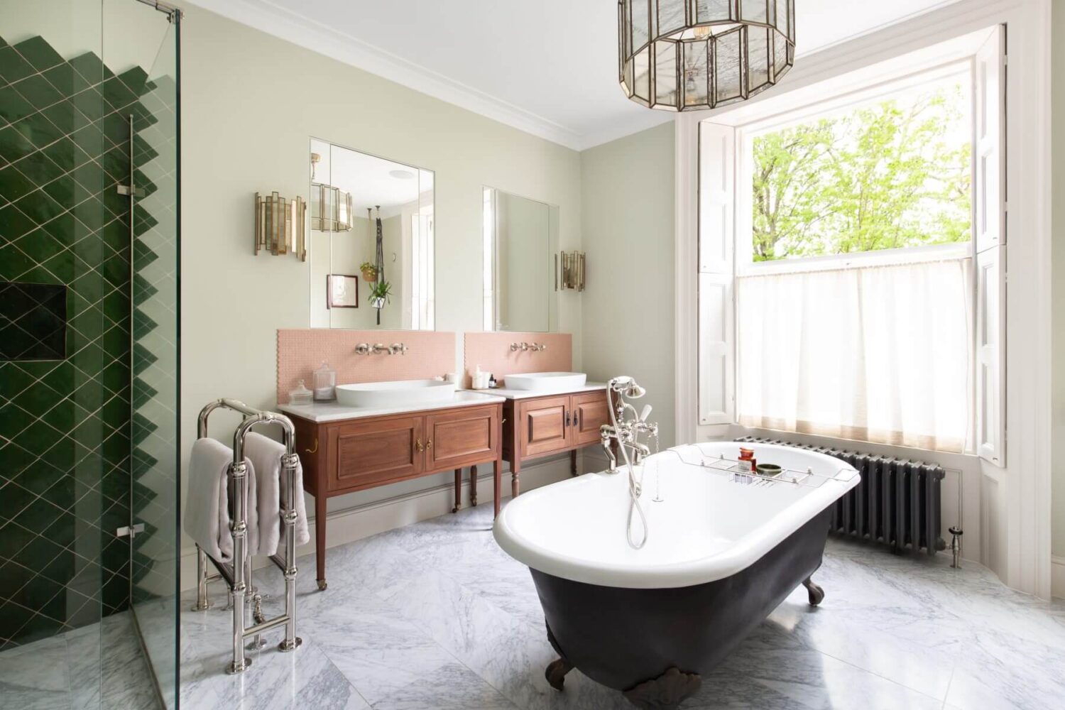 A Colorful Georgian Home in London 8 bathroom-freestanding-black-bath-green-shower-tiles-nordroom