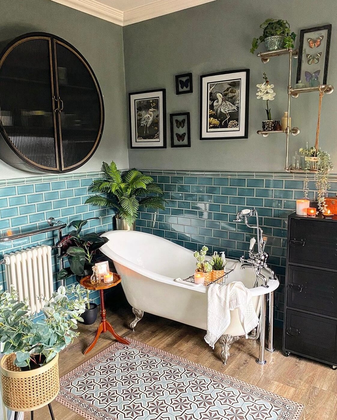A Wonderful Eclectic Maximalist Home in England 17 bathroom-freestanding-clawfoot-bath-green-tiles-nordroom