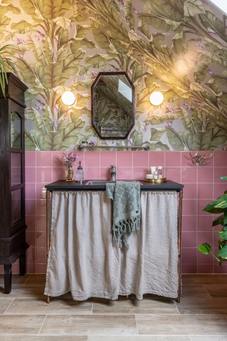 A Colorful Family Home in a Former School Building 31 bathroom-pink-tiles-palm-wallpaper-nordroom