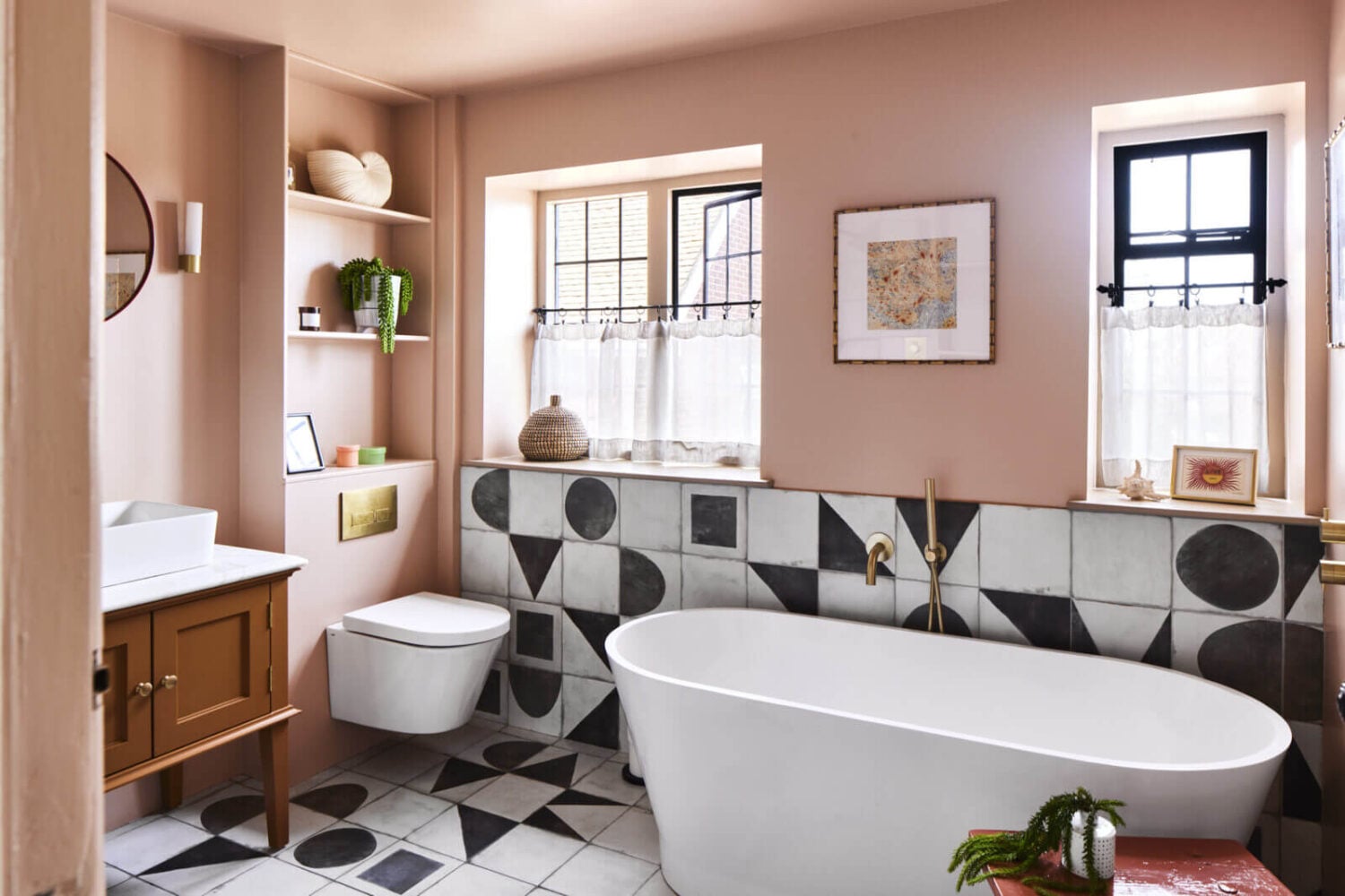 Best of 2022: Bathrooms 7 bathroom-pink-walls-freestanding-bath-black-white-geometric-tiles-nordroom