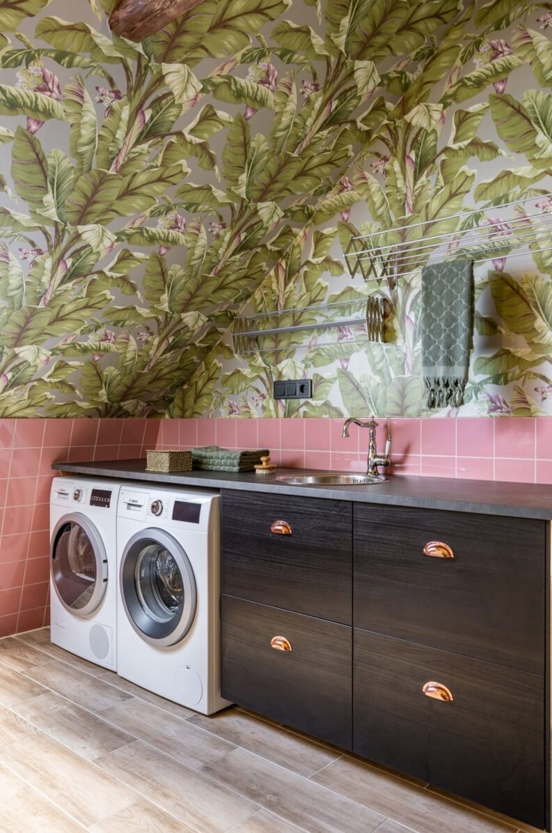 A Colorful Family Home in a Former School Building 34 bathroom-utility-room-pink-tiles-palm-wallpaper-nordroom