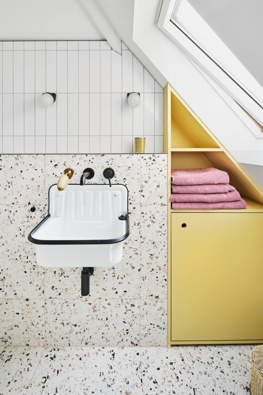 An Arts and Crafts House with Colorful Rooms 27 bathroom-yellow-built-in-cabinet-terrazzo-tiles-nordroom