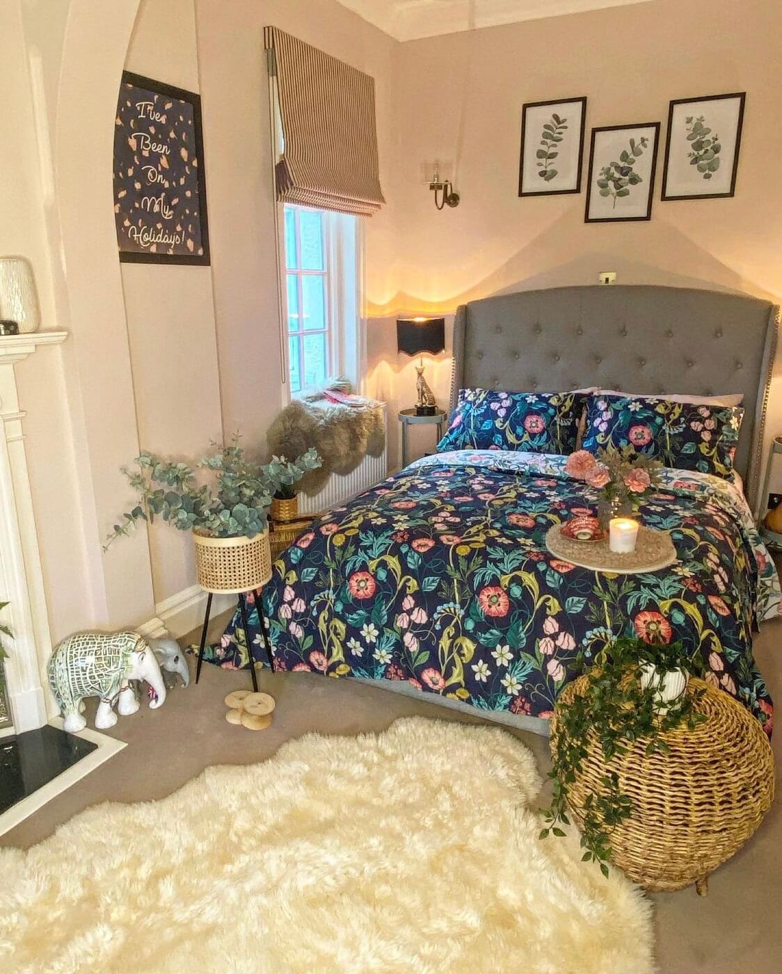 A Wonderful Eclectic Maximalist Home in England 18 bedroom-floral-bedding-gray-bed-nordroom