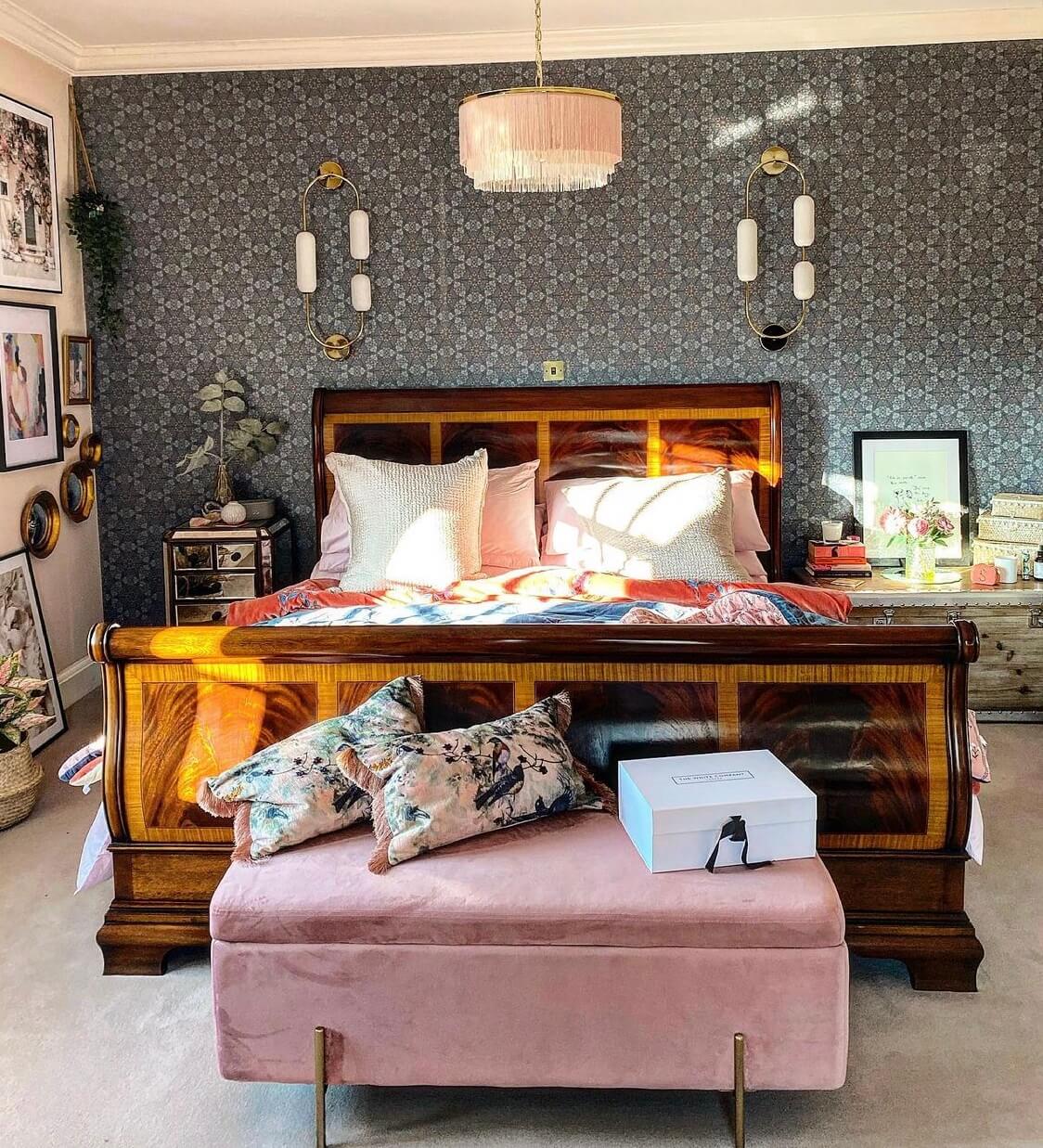 A Wonderful Eclectic Maximalist Home in England 23 bedroom-wood-bed-wallpaper-nordroom