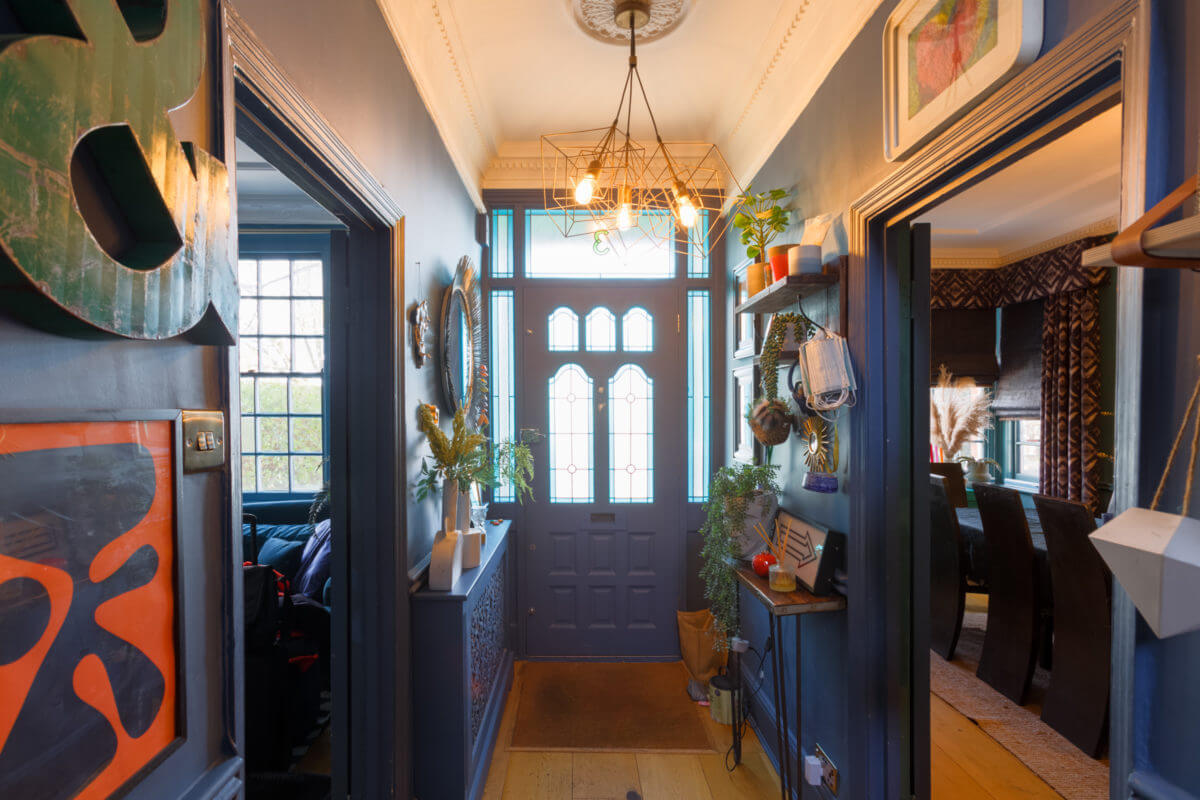 A Colorful Maximalist Home in London 28 blue-hallway-colorful-maximalist-home-london-nordroom