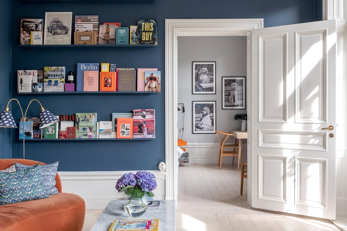 A Nordic Home with Blue Sitting Room and Kitchen 16 blue-sitting-room-books-gray-bedroom-nordroom