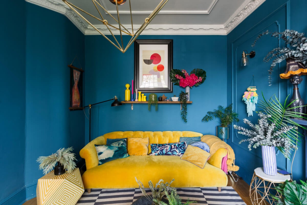 A Colorful Maximalist Home in London 25 blue-sitting-room-yellow-sofa-period-details-colorful-maximalist-home-london-nordroom