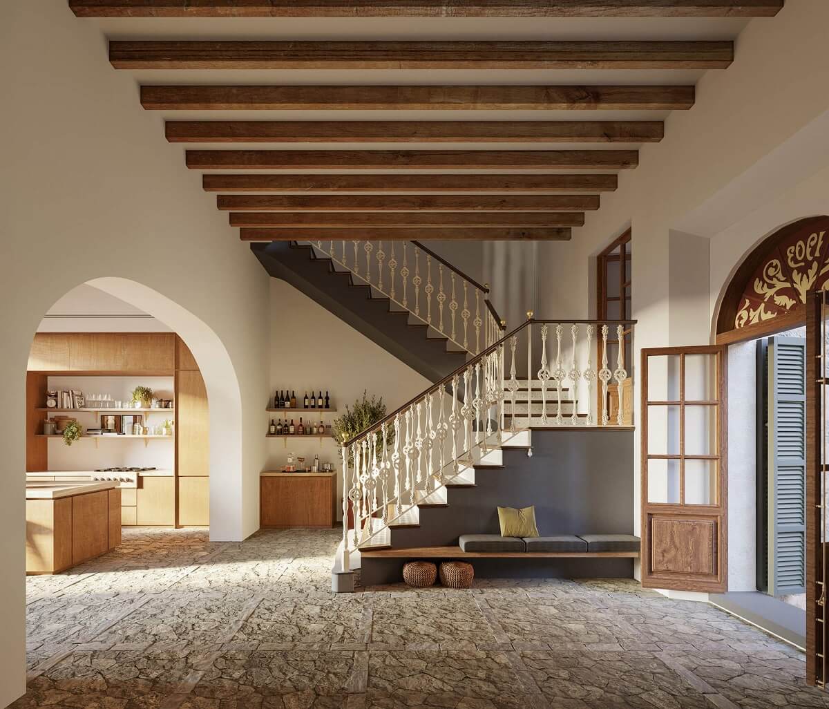 A Townhouse on Mallorca Combines Historic Charm and Modern Design 4 entrance-hallway-stone-floor-exposed-wooden-beams-staircase-kitchen-historic-townhouse-mallorca-berrow-projects-nordroom