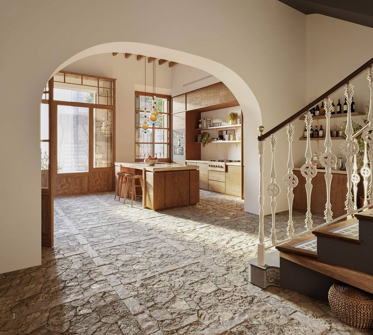 A Townhouse on Mallorca Combines Historic Charm and Modern Design 3 entrance-kitchen-stone-floor-staircase-townhouse-mallorca-nordroom