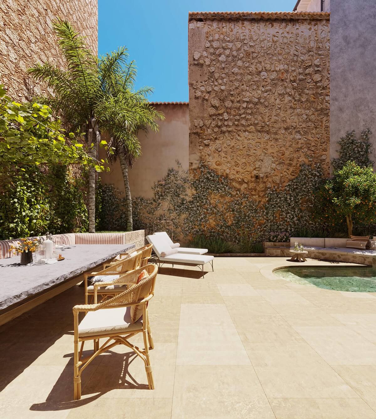 A Townhouse on Mallorca Combines Historic Charm and Modern Design 10 garden-dining-table-swimming-pool-townhouse-mallorca-nordroom