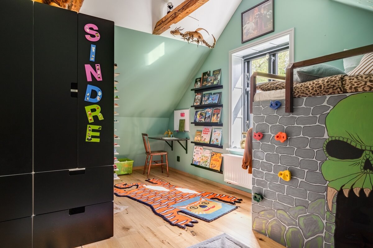 A Colorful Family Home in a Former School Building 35 green-childrens-bedroom-bunk-bed-attic-room