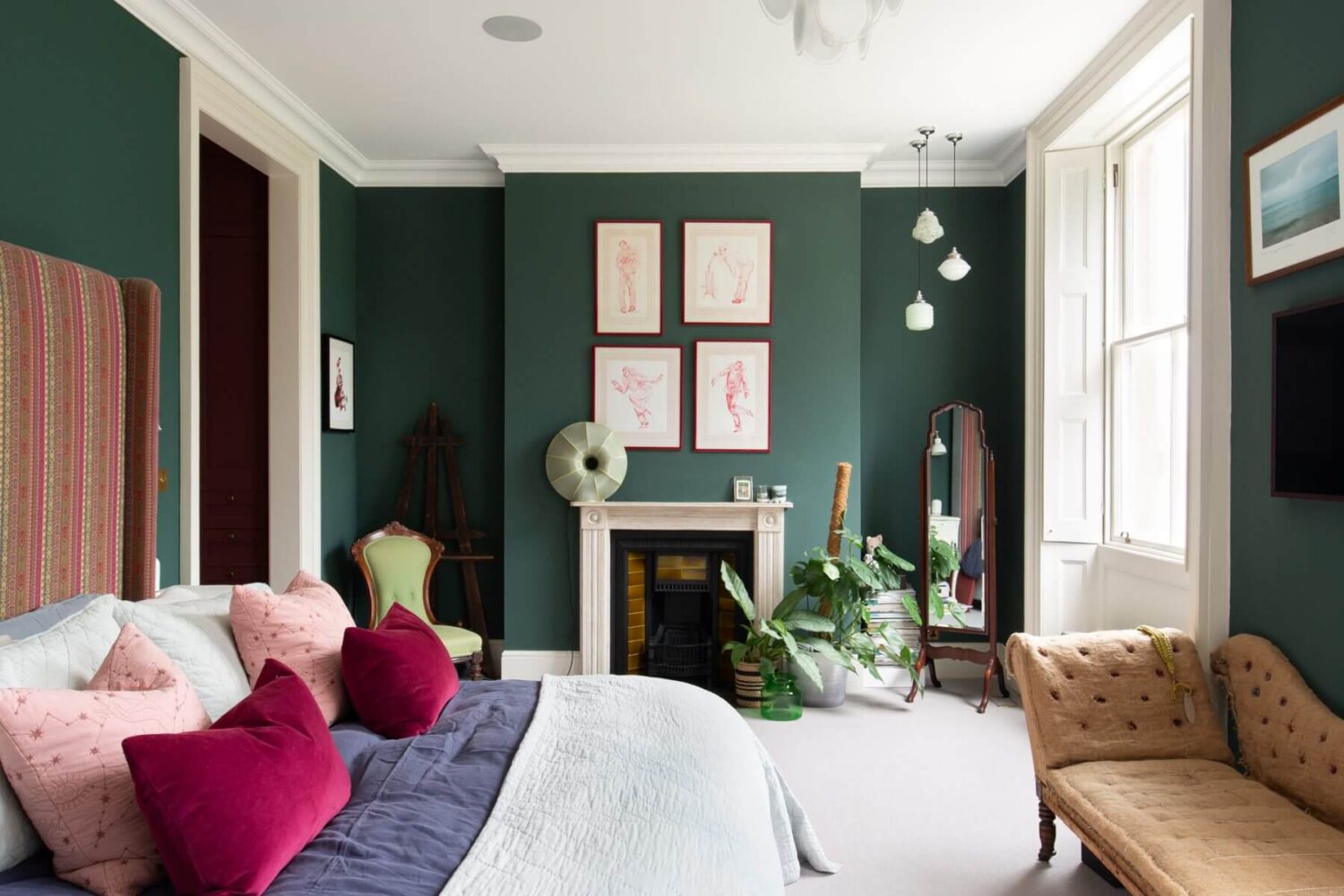 A Colorful Georgian Home in London 11 green-master-bedroom-fireplace-pink-details-nordroom