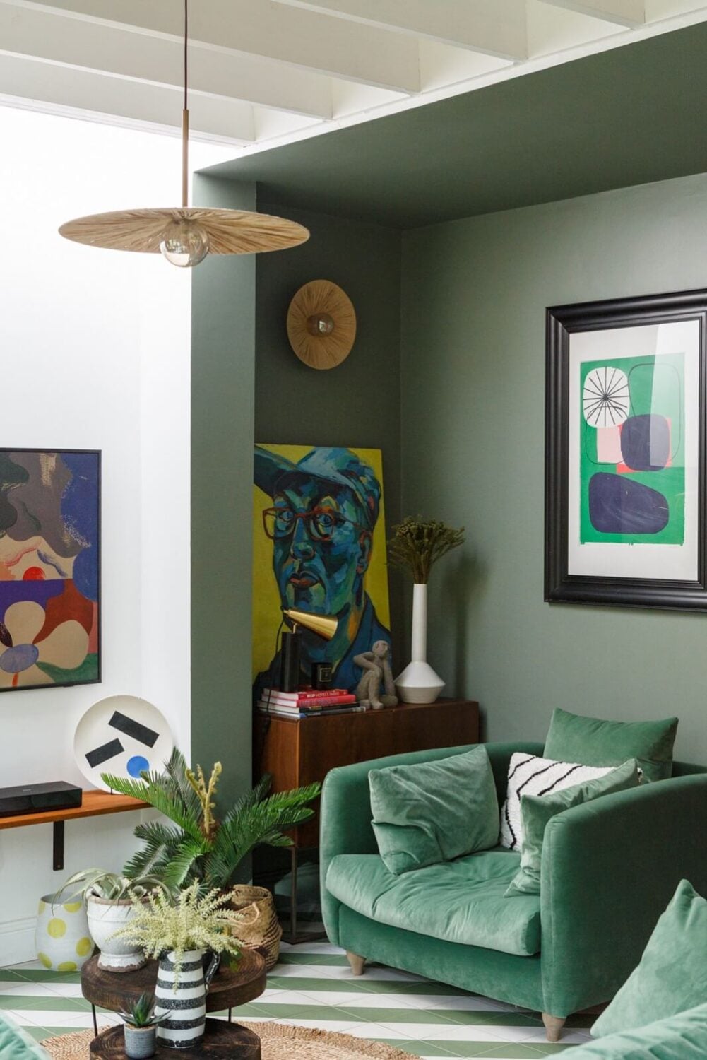 A Colorful Maximalist Home in London 19 green-sitting-room-floor-tiles-green-armchair-nordroom
