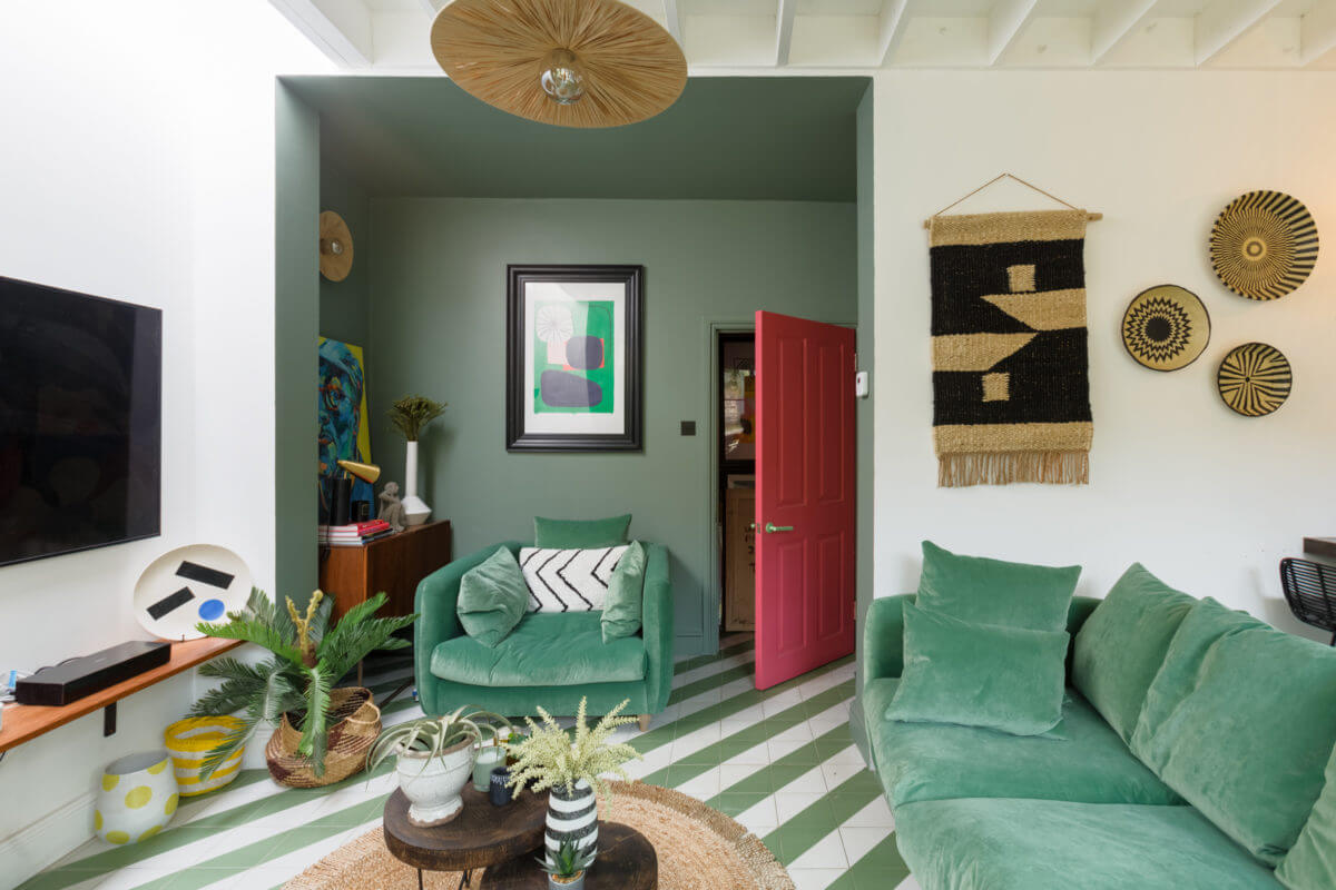 A Colorful Maximalist Home in London 20 green-sitting-room-pink-door-maximalist-home-london-nordroom