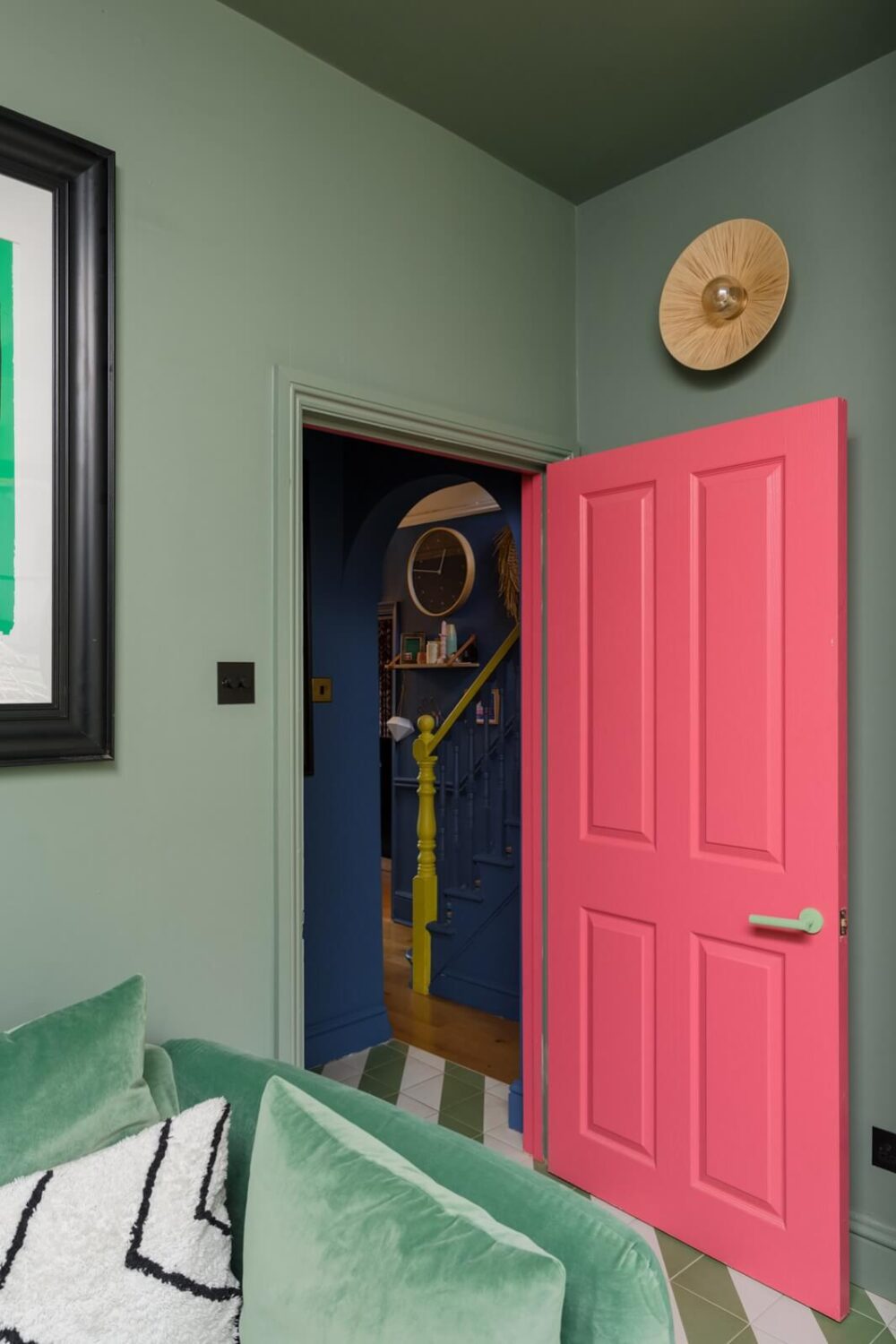 A Colorful Maximalist Home in London 21 green-sitting-room-pink-painted-door-nordroom