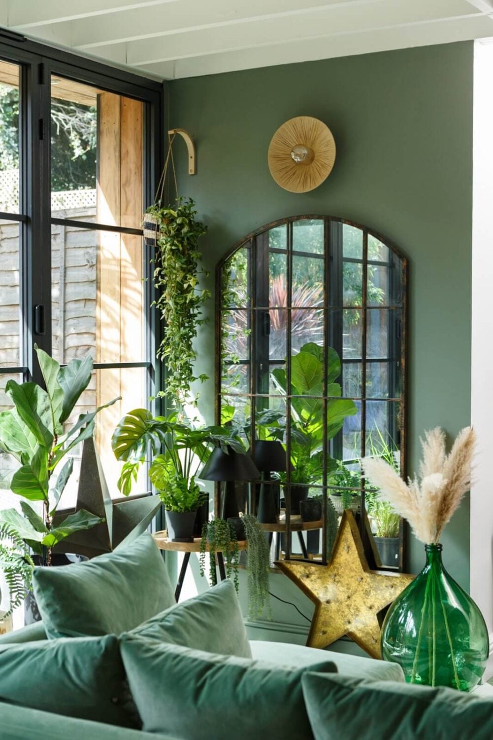 A Colorful Maximalist Home in London 17 green-sitting-room-plants-mirror-nordroom
