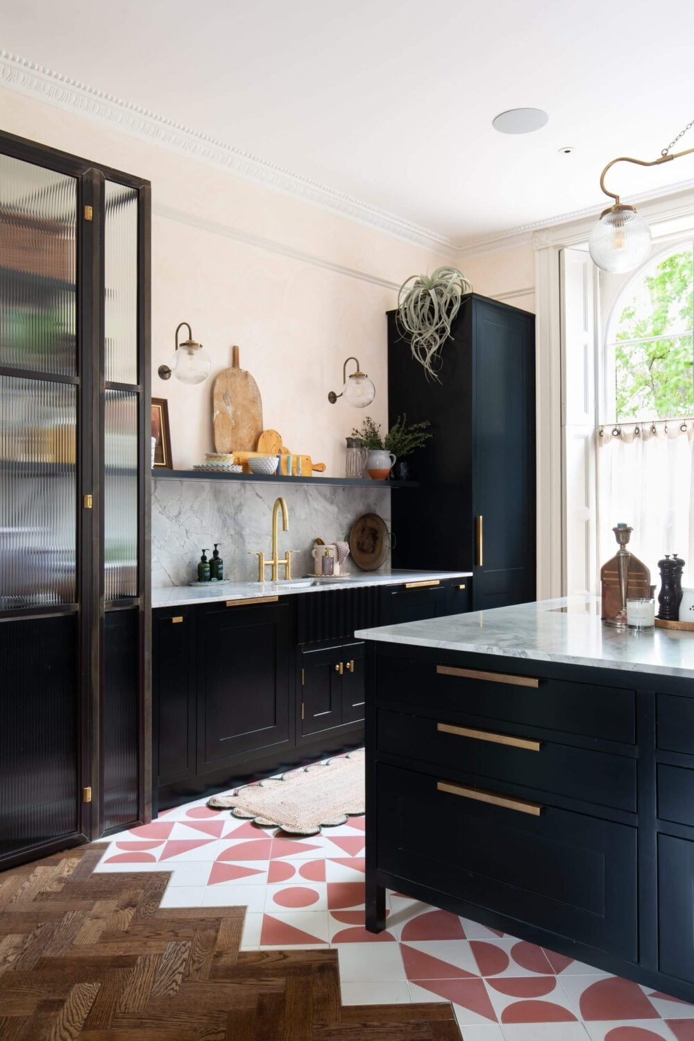 31 Practical Kitchen Flooring Ideas For Your Home 3 kitchen-dark-blue-cabinets-open-shelf-glass-cabinets-pink-white-floor-tiles-nordroom