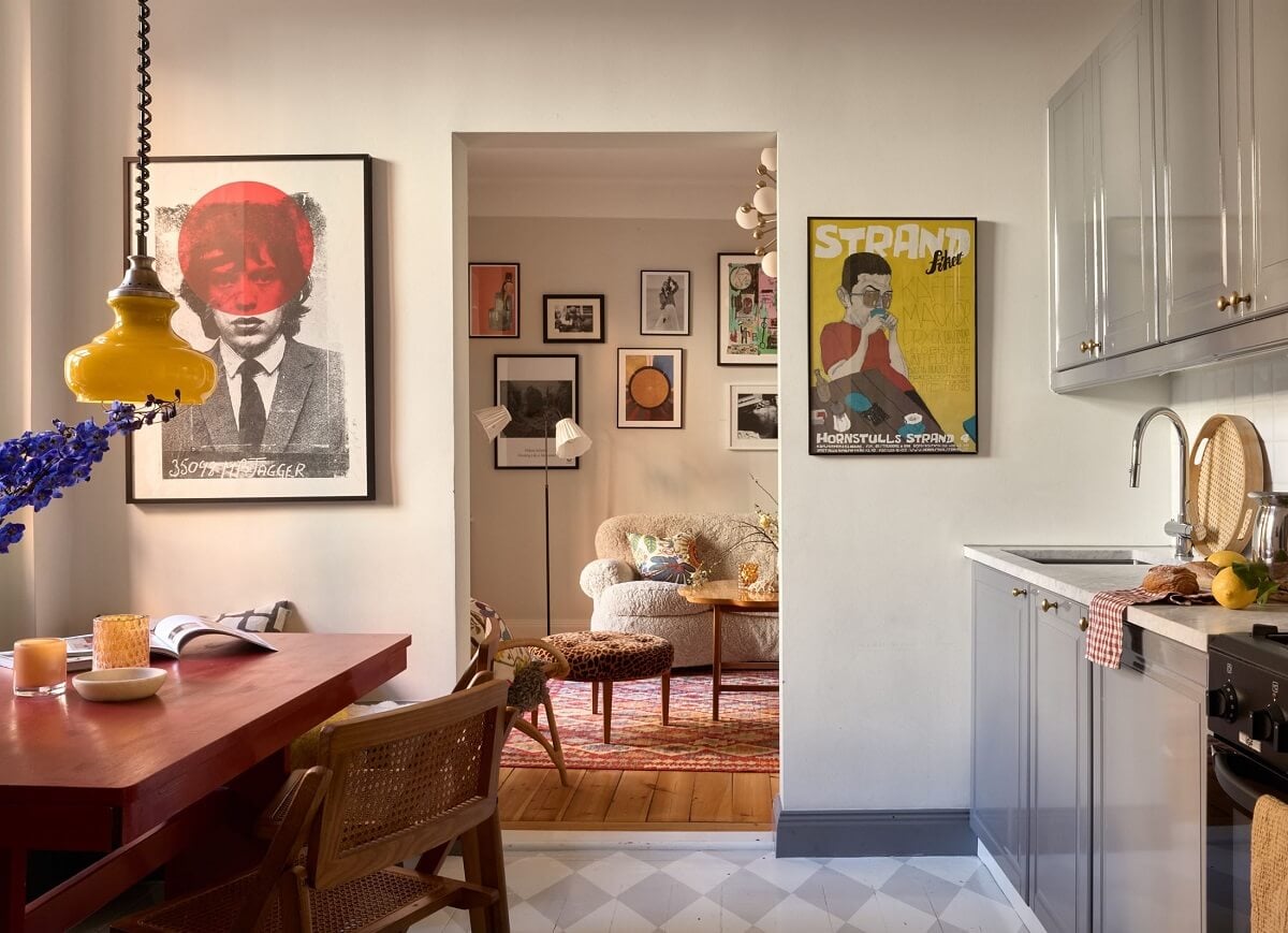 A Bedroom with Yellow French Wallpaper in a Small Scandi Home 10 kitchen-gray-cabinets-red-dining-table-nordroom