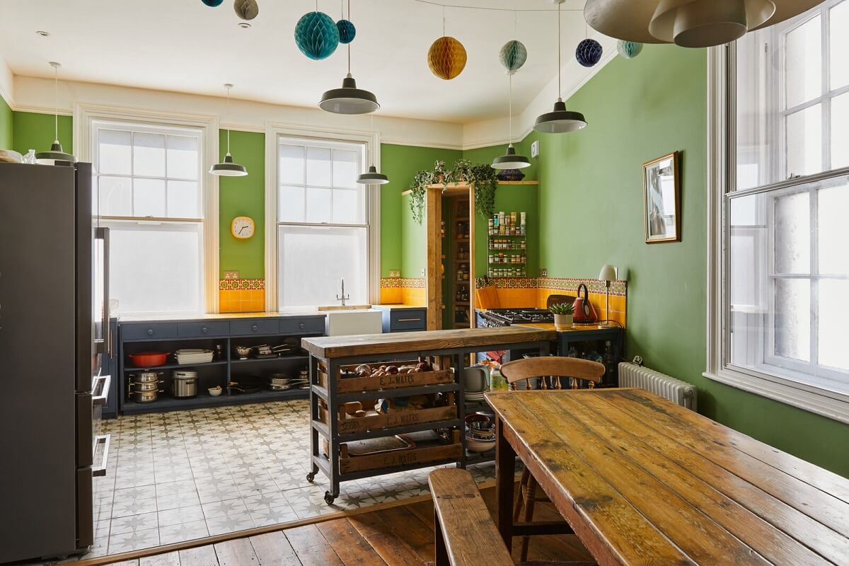 A Colorful Eclectic Home in England 18 kitchen-green-walls-nordroom